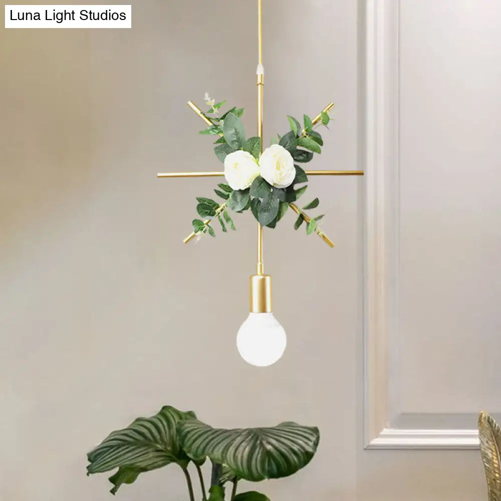 Gold Iron Rectangle/Round Frame Pendant Light With Artificial Bloom Deco - Stylish Suspended