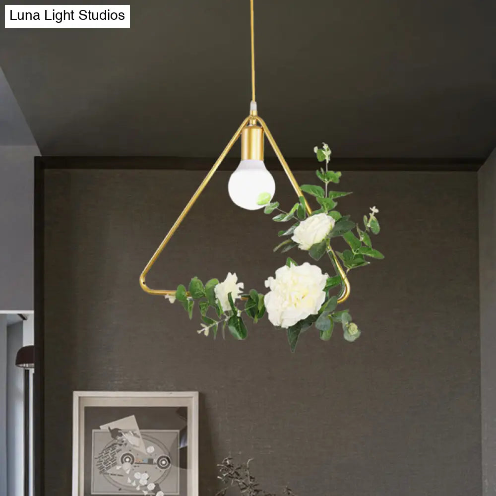 Gold Iron Rectangle/Round Frame Pendant Light With Artificial Bloom Deco - Stylish Suspended