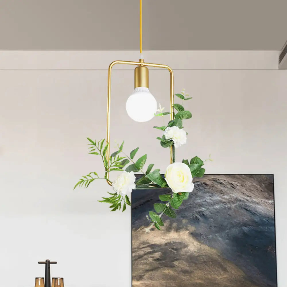 Gold Iron Rectangle/Round Frame Pendant Light With Artificial Bloom Deco - Stylish Suspended