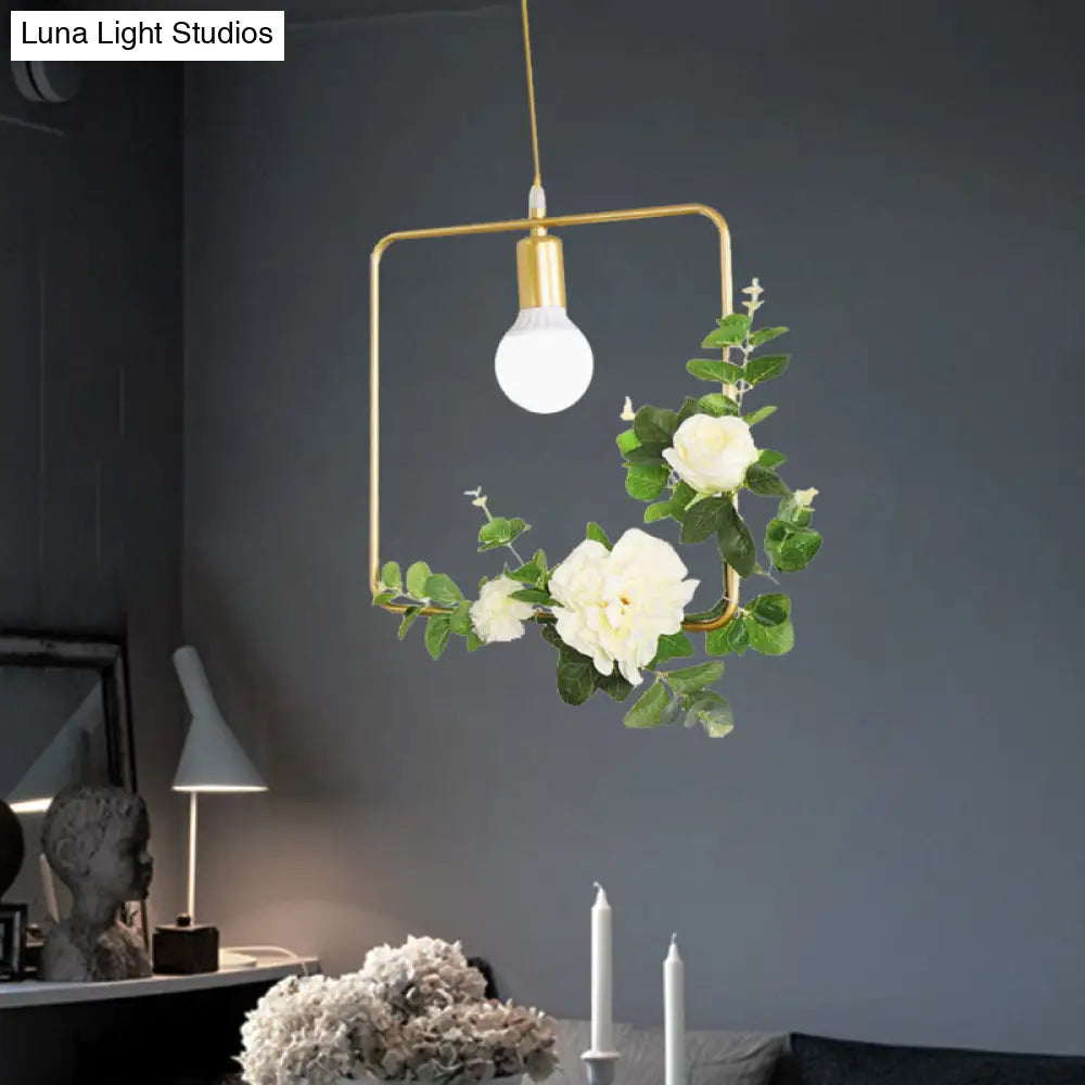 Gold Iron Warehouse Pendant Light With Artistic Deco - Rectangle/Round Frame 1 Head For Living Room