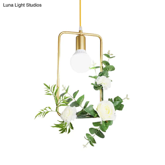 Gold Iron Rectangle/Round Frame Pendant Light With Artificial Bloom Deco - Stylish Suspended