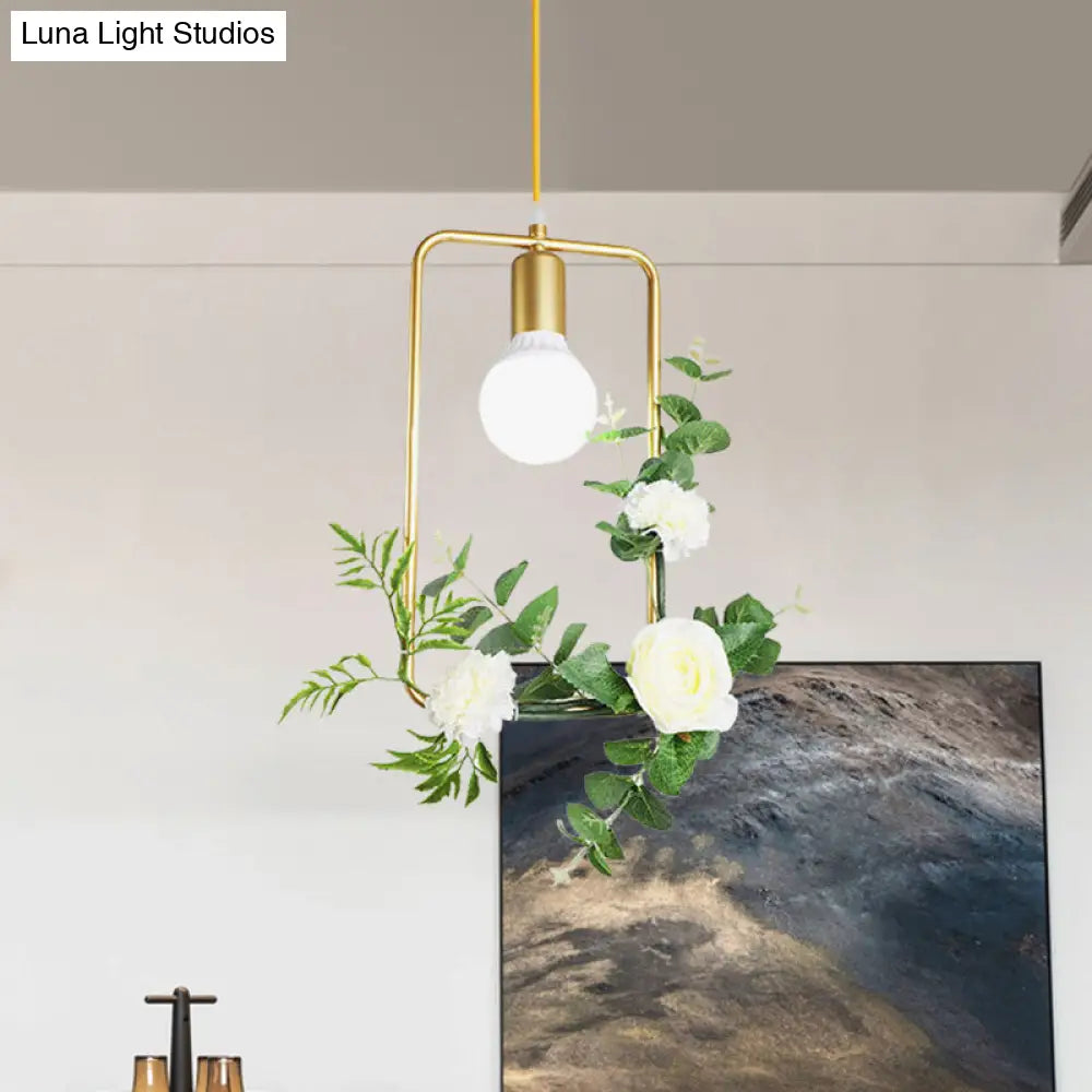 Gold Iron Warehouse Pendant Light With Artistic Deco - Rectangle/Round Frame 1 Head For Living Room