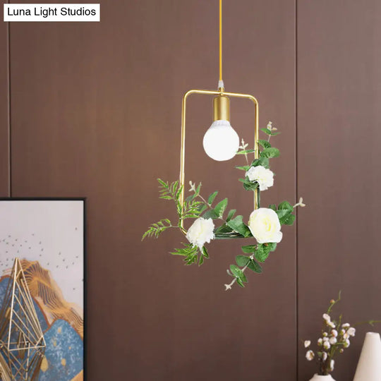 Gold Iron Rectangle/Round Frame Pendant Light With Artificial Bloom Deco - Stylish Suspended