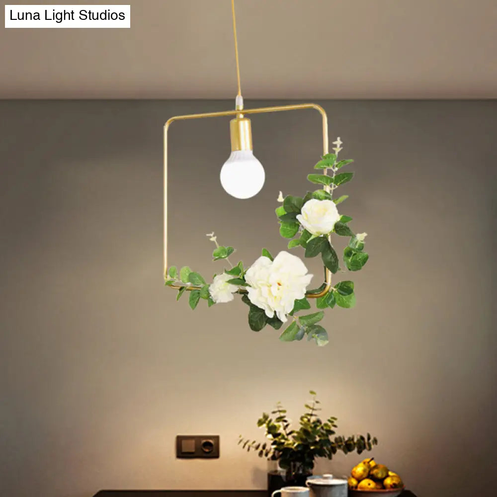 Gold Iron Warehouse Pendant Light With Artistic Deco - Rectangle/Round Frame 1 Head For Living Room