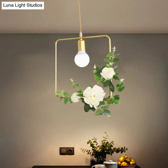 Gold Iron Warehouse Pendant Light With Artistic Deco - Rectangle/Round Frame 1 Head For Living Room