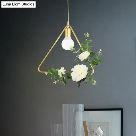 Gold Iron Rectangle/Round Frame Pendant Light With Artificial Bloom Deco - Stylish Suspended