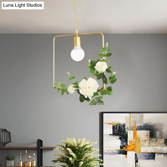 Gold Iron Rectangle/Round Frame Pendant Light With Artificial Bloom Deco - Stylish Suspended