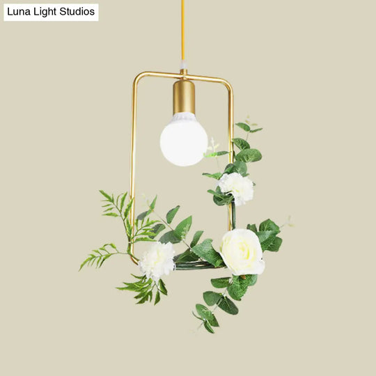 Gold Iron Rectangle/Round Frame Pendant Light With Artificial Bloom Deco - Stylish Suspended