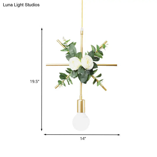 Gold Iron Rectangle/Round Frame Pendant Light With Artificial Bloom Deco - Stylish Suspended