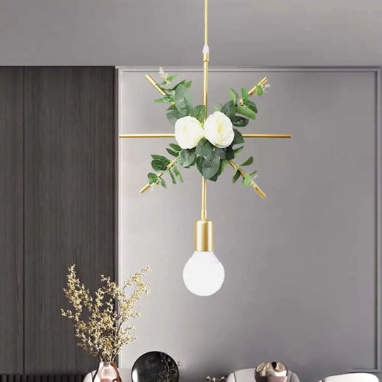 Gold Iron Rectangle/Round Frame Pendant Light With Artificial Bloom Deco - Stylish Suspended