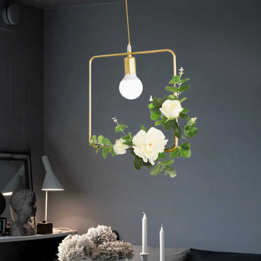 Gold Iron Rectangle/Round Frame Pendant Light With Artificial Bloom Deco - Stylish Suspended