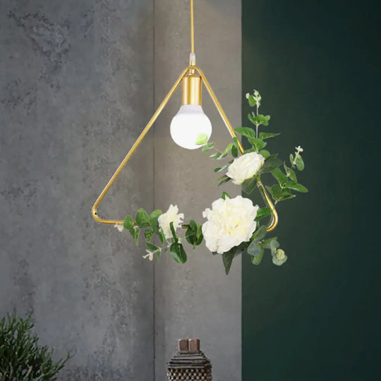 Gold Iron Rectangle/Round Frame Pendant Light With Artificial Bloom Deco - Stylish Suspended