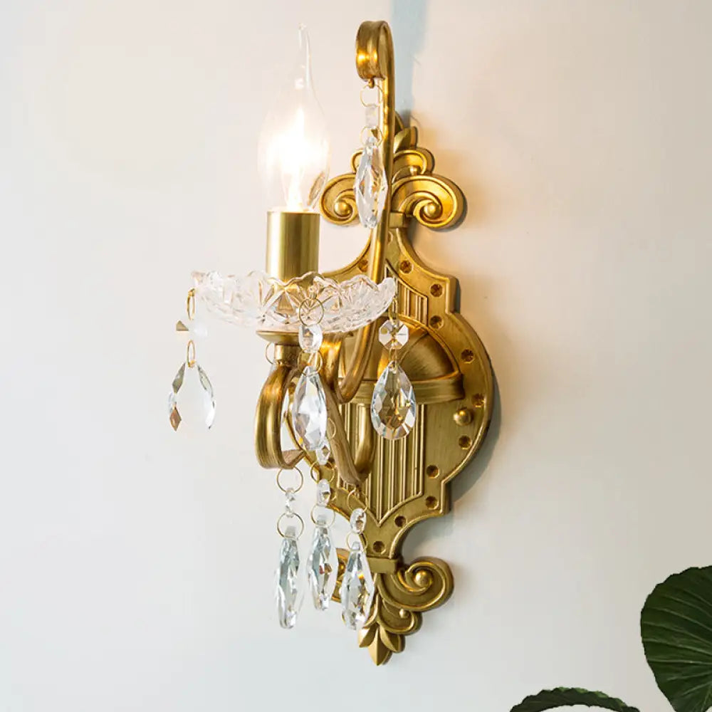 Gold Iron Wall Sconce With Crystal Drape - Antique 1/2-Light Candlestick Lamp 1 /