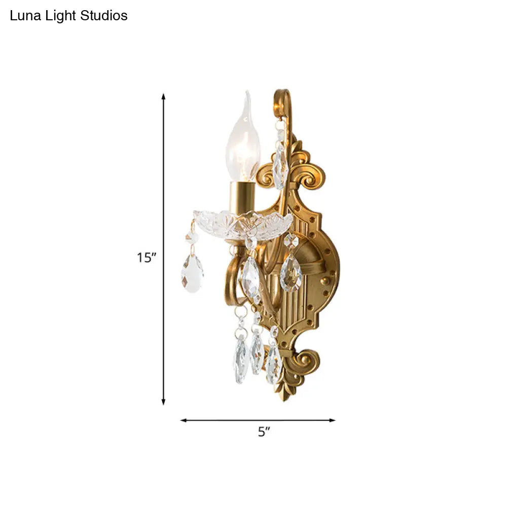 Gold Iron Wall Sconce With Crystal Drape - Antique 1/2-Light Candlestick Lamp