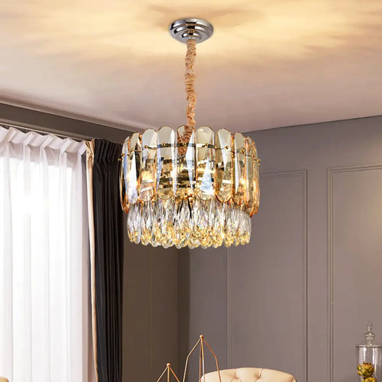 Gold K9 Crystal 6-Bulb Chandelier - Modern Drum Shape 2-Tier Ceiling Light