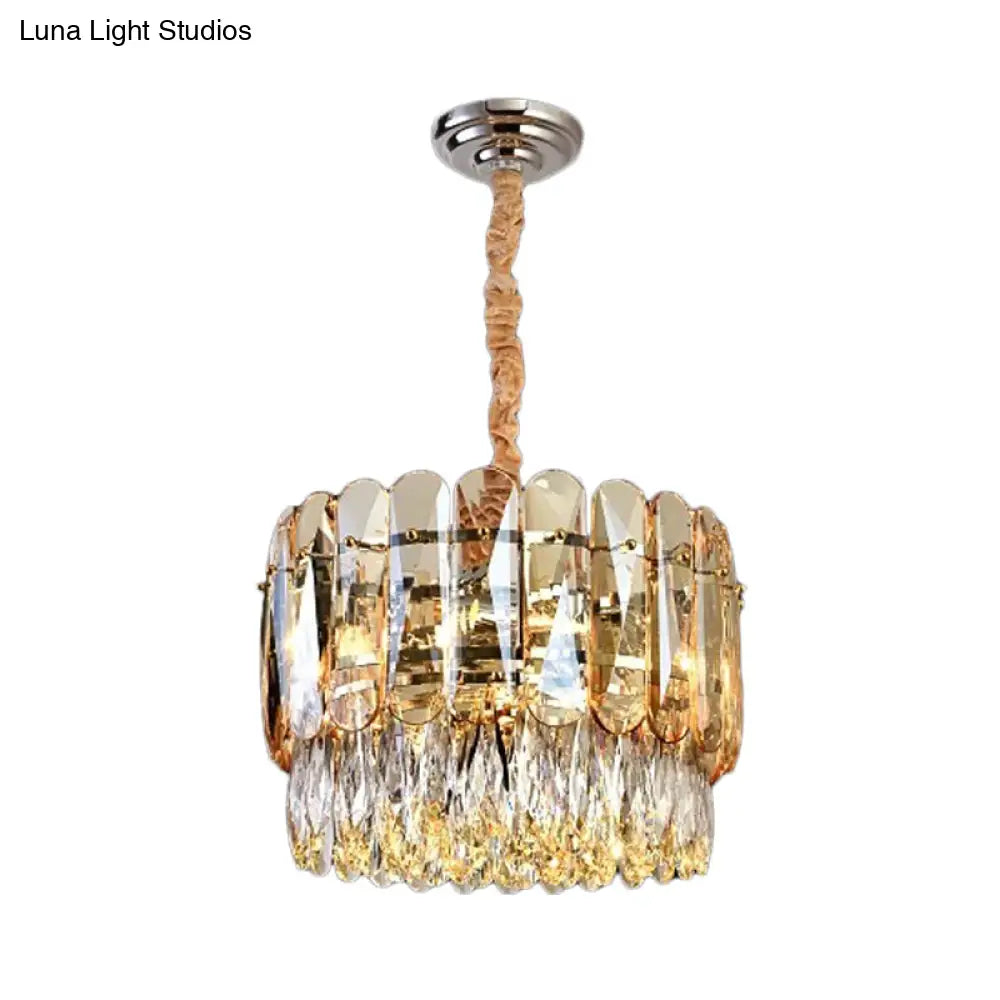 Gold K9 Crystal 6-Bulb Chandelier - Modern Drum Shape 2-Tier Ceiling Light