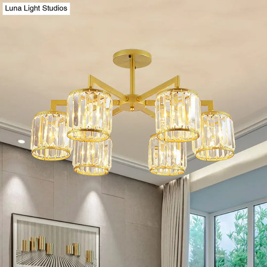 Gold K9 Crystal Cylinder Semi Flush Postmodern Ceiling Mount - 3/6 Bulb Living Room Fixture