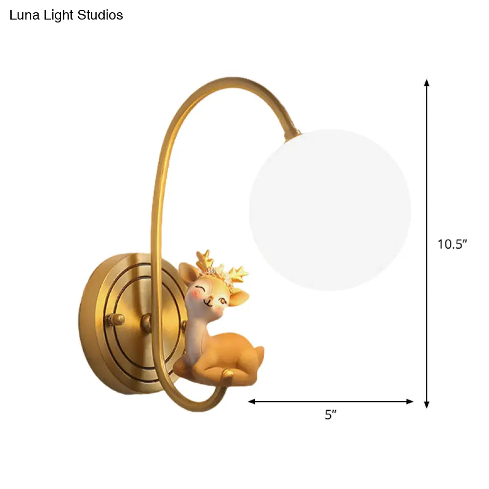 Gold Kids Night Lamp With Deer Decoration And Opal Glass Shade