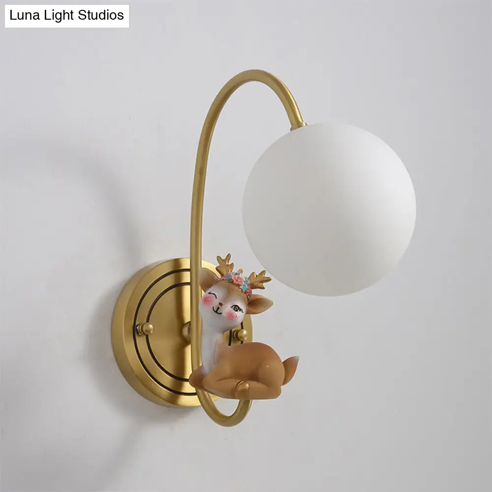 Gold Kids Night Lamp With Deer Decoration And Opal Glass Shade