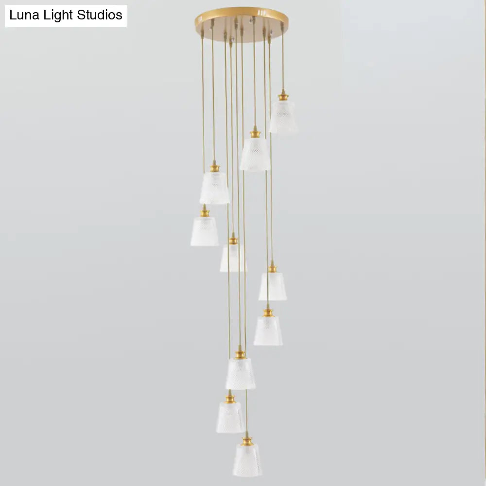 Gold Lattice Glass Staircase Pendant - Bell Shade 10-Head Simplicity Multi Light Gold