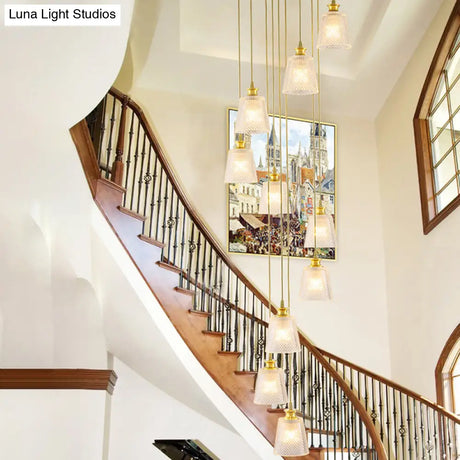 Gold Lattice Glass Staircase Pendant - Bell Shade 10-Head Simplicity Multi Light Gold
