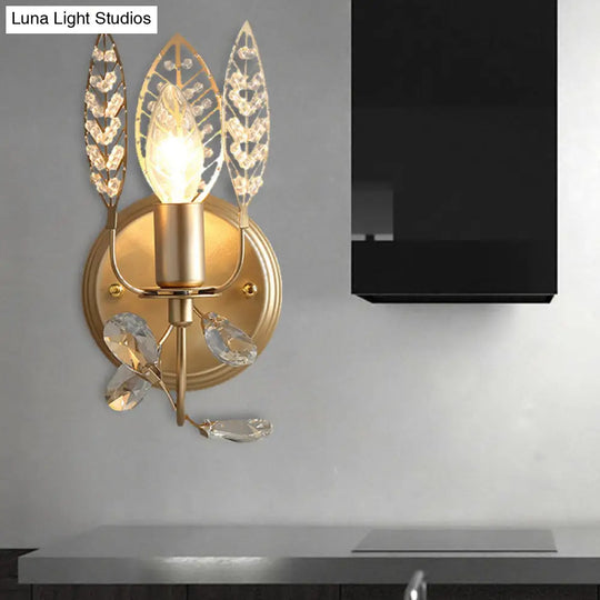 Gold Leaf Metal Wall Sconce With Crystal Bead For Bedside - 1 Head Tradition Flush Mount Light