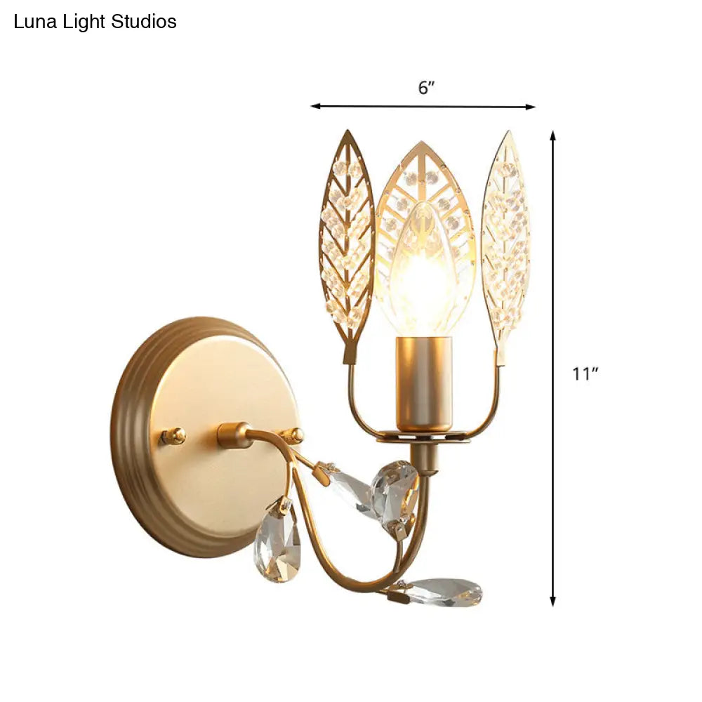 Gold Leaf Metal Wall Sconce With Crystal Bead For Bedside - 1 Head Tradition Flush Mount Light