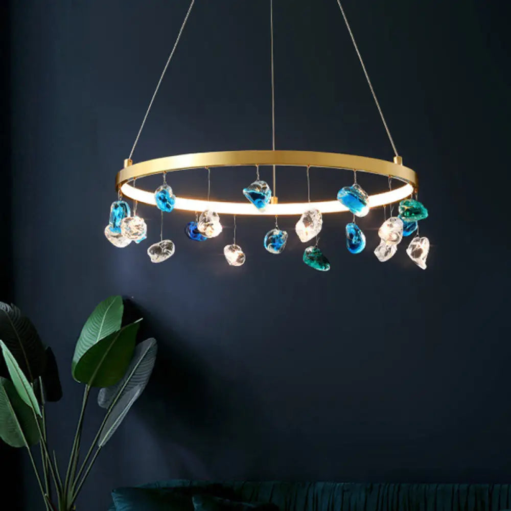 Gold Led Chandelier With Colored Gem Droplet - Mid Century Circle Pendant Lighting 16’/19.5’