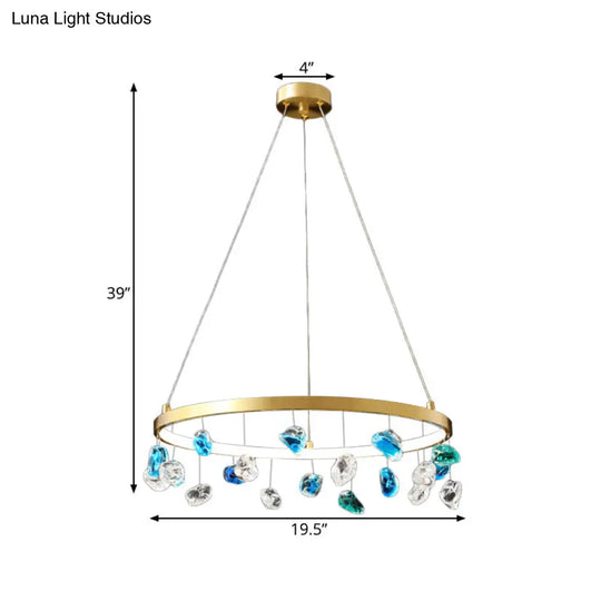 Gold Metal Led Chandelier With Colored Gem Droplet Mid Century Circle Design 16/19.5 Wide