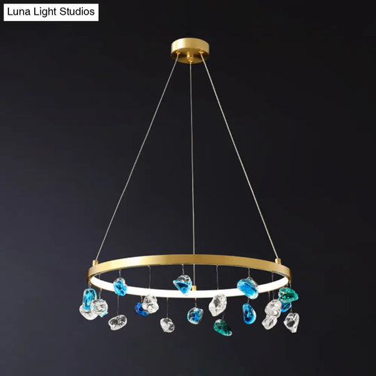 Gold Led Chandelier With Colored Gem Droplet - Mid Century Circle Pendant Lighting 16’/19.5’ Wide