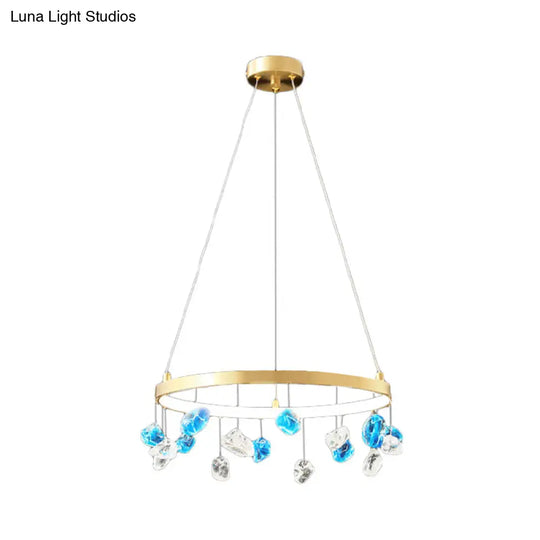 Gold Metal Led Chandelier With Colored Gem Droplet Mid Century Circle Design 16/19.5 Wide