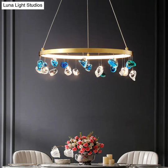 Gold Led Chandelier With Colored Gem Droplet - Mid Century Circle Pendant Lighting 16’/19.5’ Wide