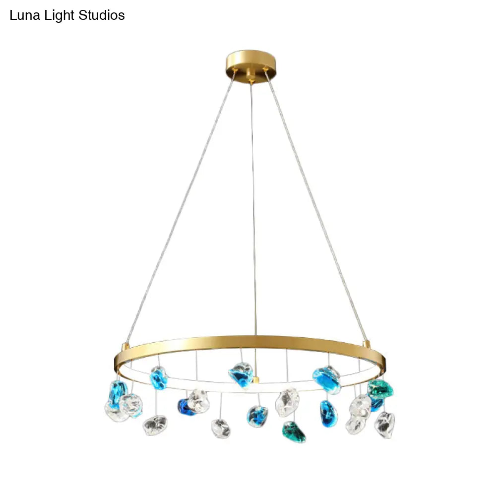 Gold Led Chandelier With Colored Gem Droplet - Mid Century Circle Pendant Lighting 16’/19.5’ Wide