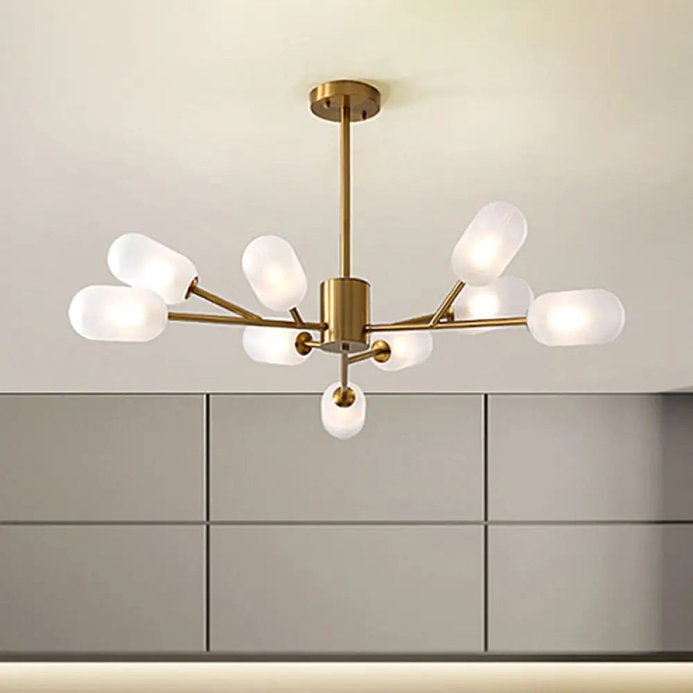 Gold Led Contemporary Bedroom Chandelier Lamp - Milk Frosted Glass 9 Bulbs