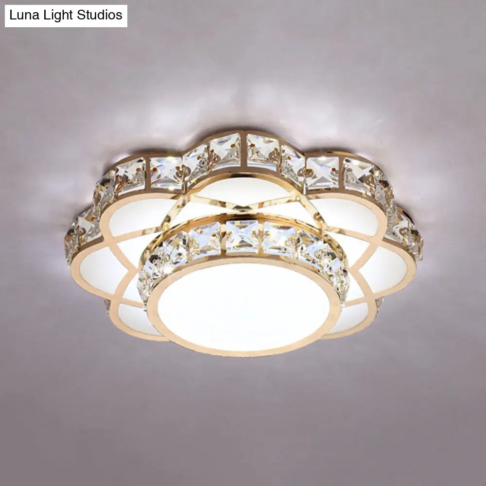 Gold Led Crystal Block Flower Ceiling Mounted Light - 10’/12’ Wide Modern Flush Mount Lamp