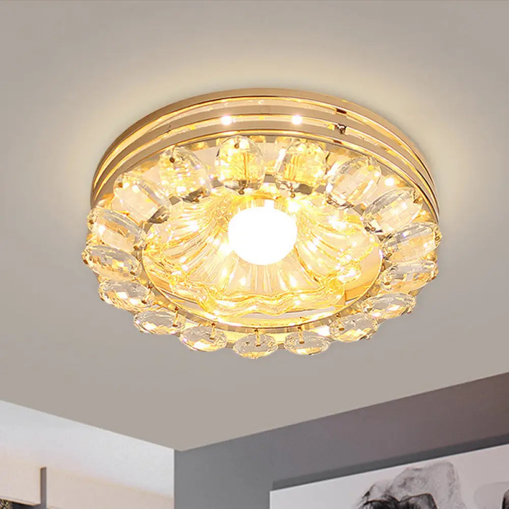 Gold Led Crystal Ceiling Lamp: Minimal Round/Square Design With Flower Shade / Round