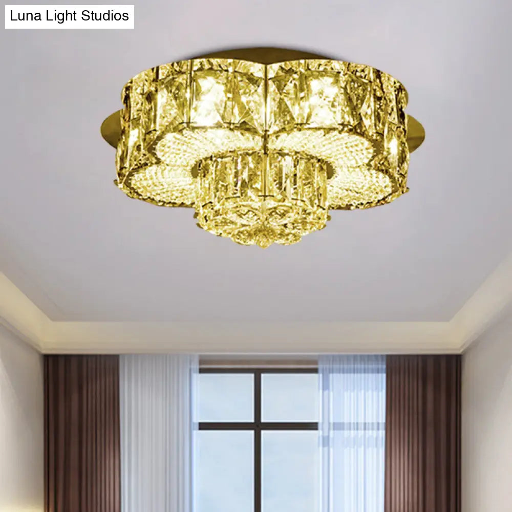 Gold Led Crystal Flower Flushmount Light - Minimalistic 2 - Tier Ceiling Fixture