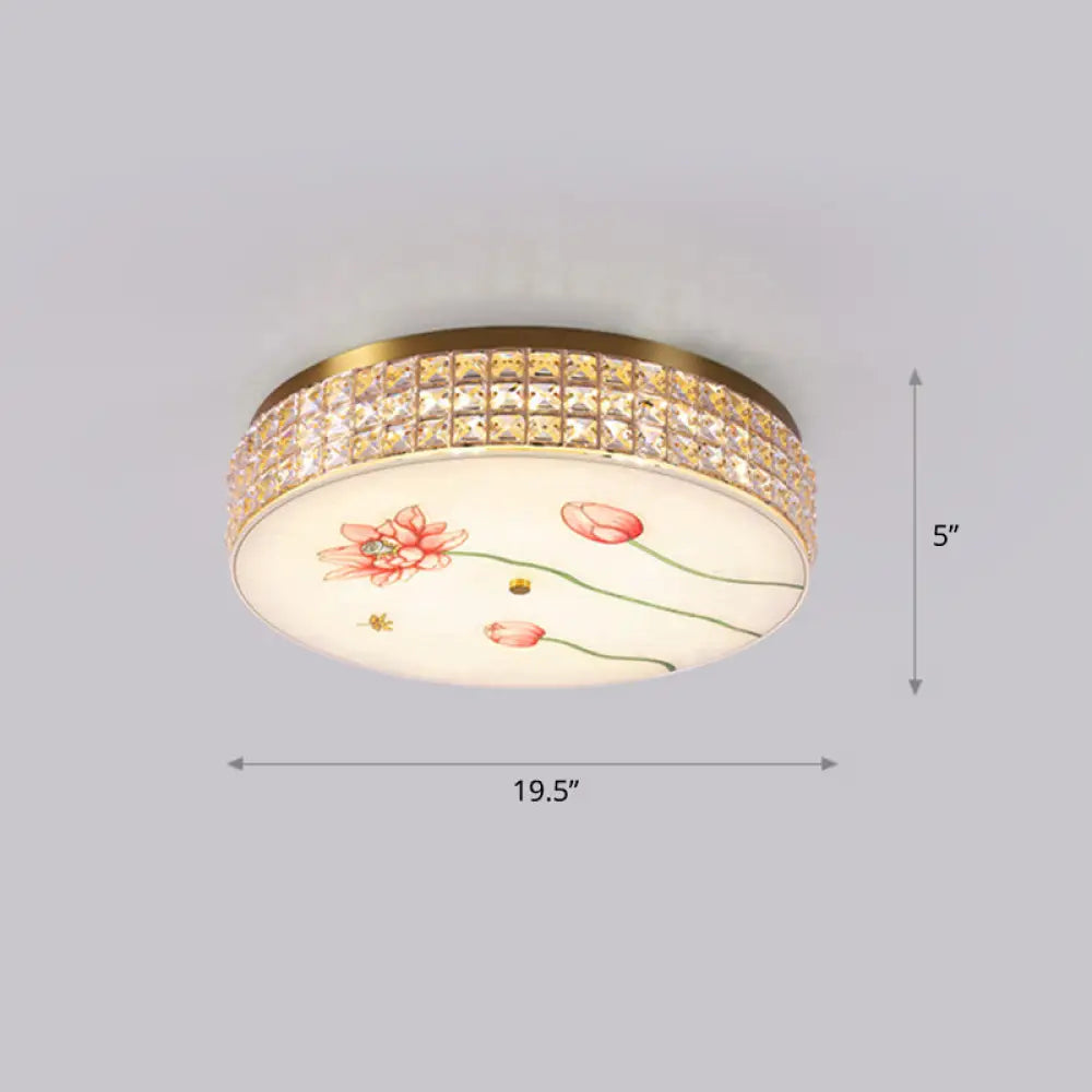 Gold Led Crystal Flush Ceiling Light: Hand - Painted Drum Design Modern Bedroom Fixture / Flower