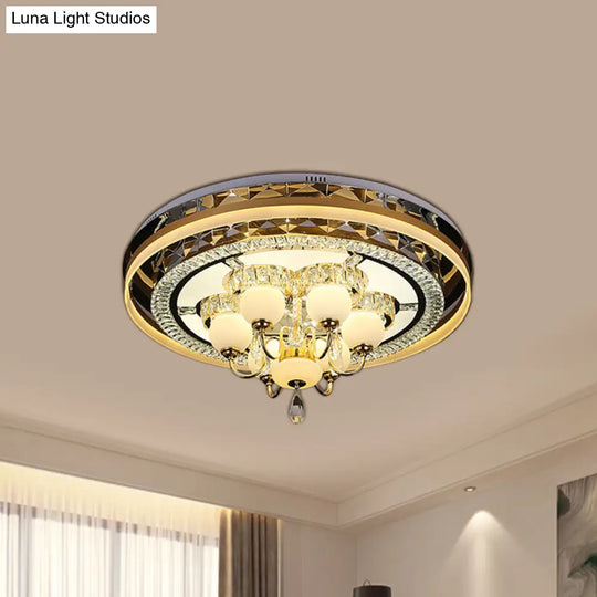 Gold Led Crystal Flush Mount Ceiling Light With Remote Dimming And Opal Shade.