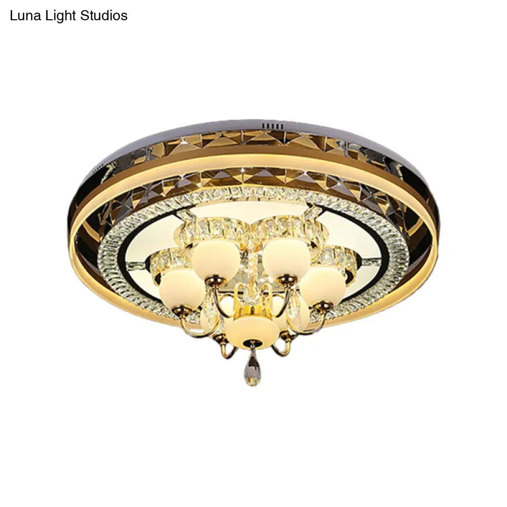 Gold Led Crystal Flush Mount Ceiling Light With Remote Dimming And Opal Shade’.