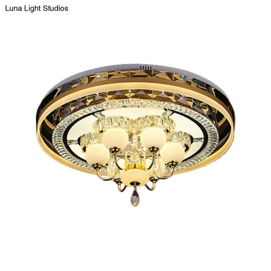 Gold Led Crystal Flush Mount Ceiling Light With Remote Dimming And Opal Shade.