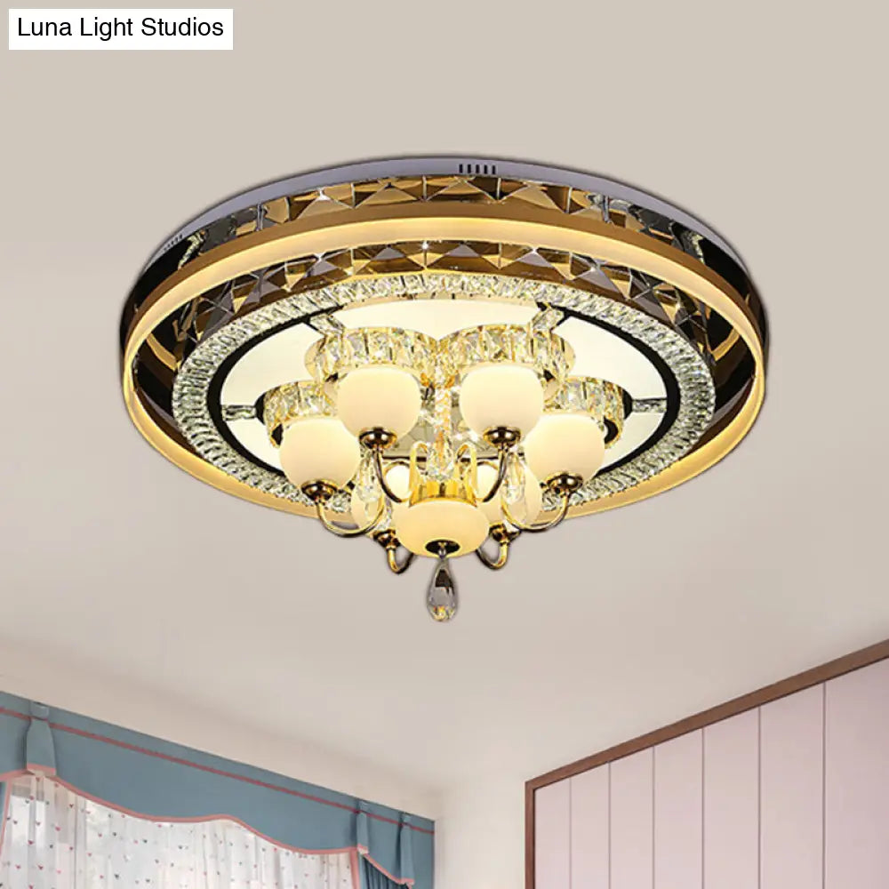 Gold Led Crystal Flush Mount Ceiling Light With Remote Dimming And Opal Shade.