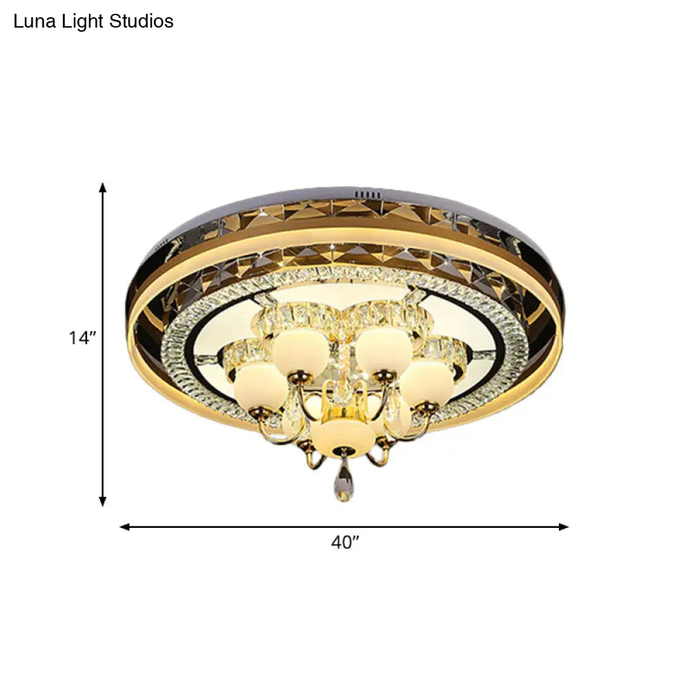 Gold Led Crystal Flush Mount Ceiling Light With Remote Dimming And Opal Shade.