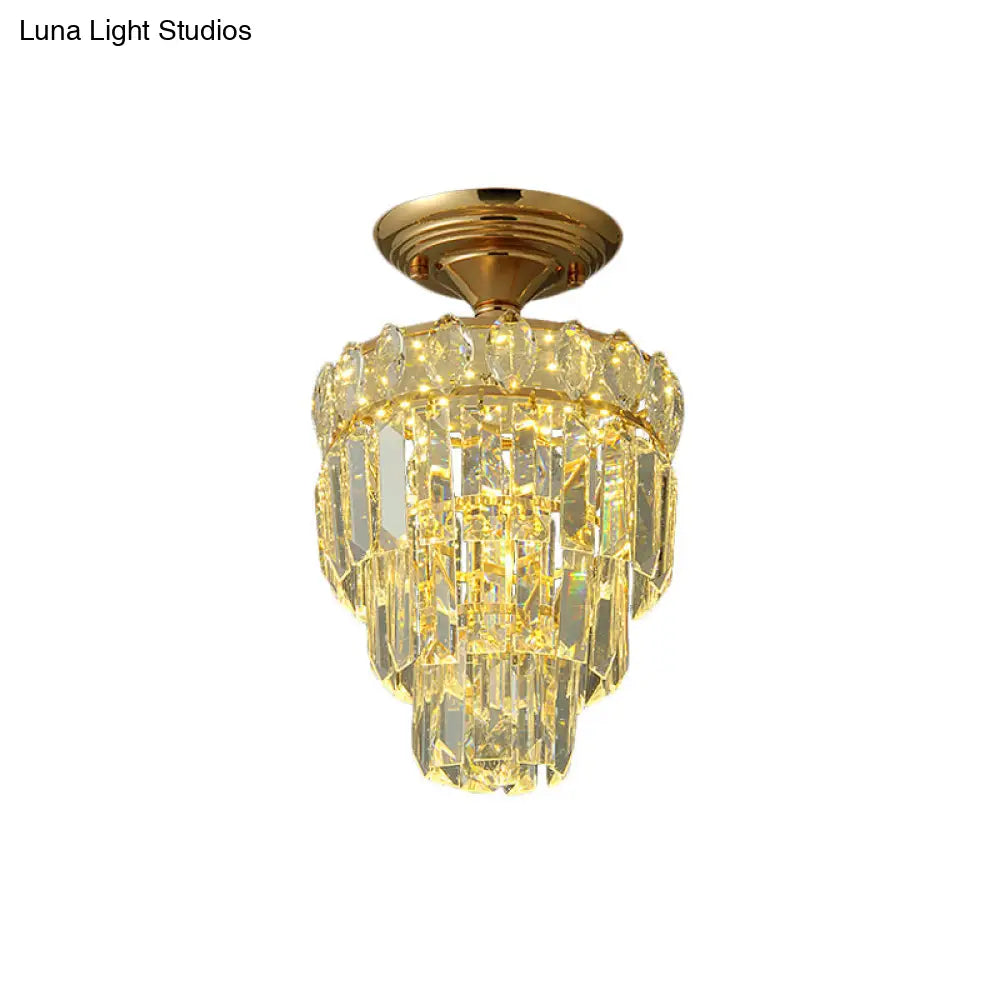 Gold Led Crystal Foyer Ceiling Lamp - Tapered Shape Postmodern Design Semi-Flush Mount