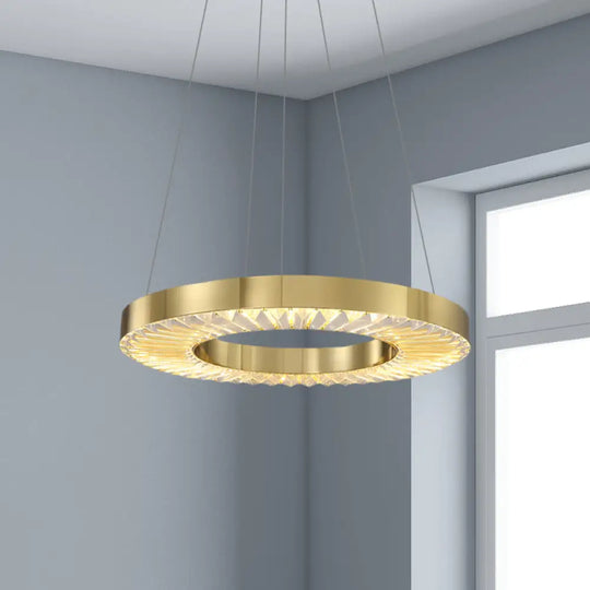 Gold Led Crystal Inserted Hanging Lamp: Minimalistic Dining Room Ceiling Chandelier