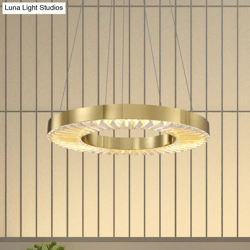 Gold Led Crystal Inserted Hanging Lamp: Minimalistic Dining Room Ceiling Chandelier