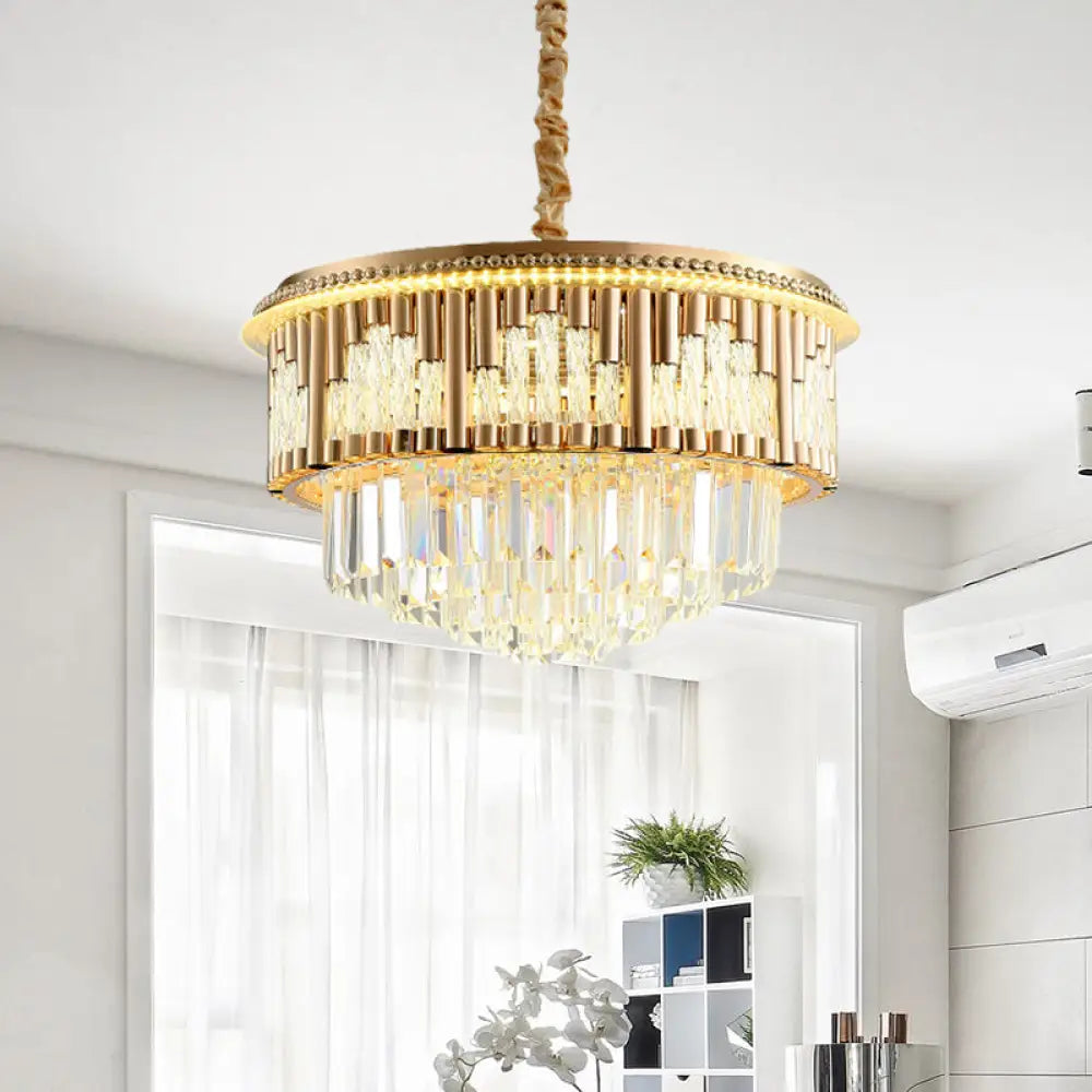 Gold Led Crystal Rod Pendant Chandelier - Modern Layered Style For Bedroom Lighting