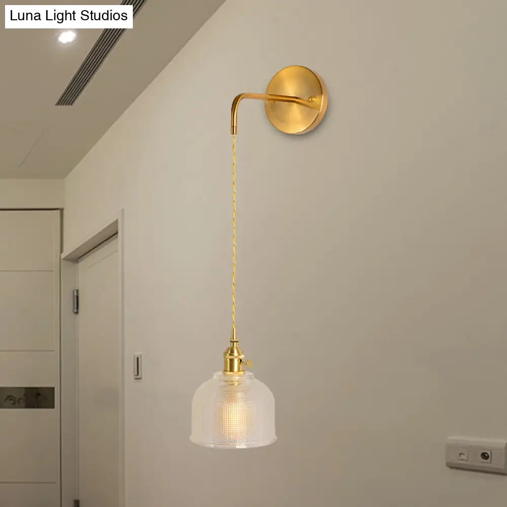 Gold Led Dome/Cone Wall Mount Sconce Light With Clear Prismatic Glass Traditional Style