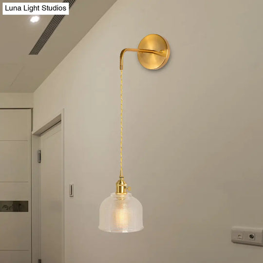 Gold Led Dome/Cone Wall Mount Sconce Light With Clear Prismatic Glass Traditional Style