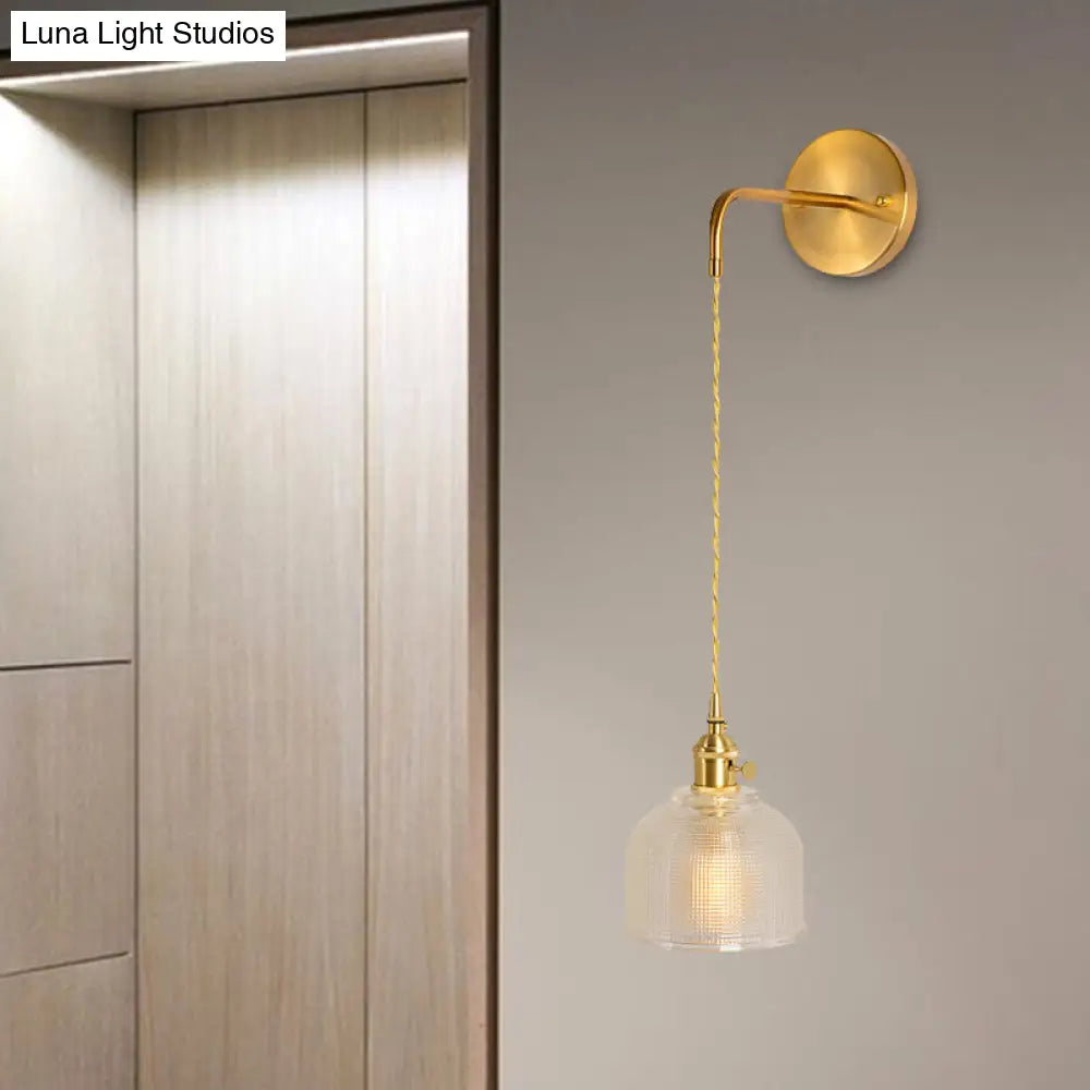 Gold Led Dome/Cone Wall Mount Sconce Light With Clear Prismatic Glass Traditional Style